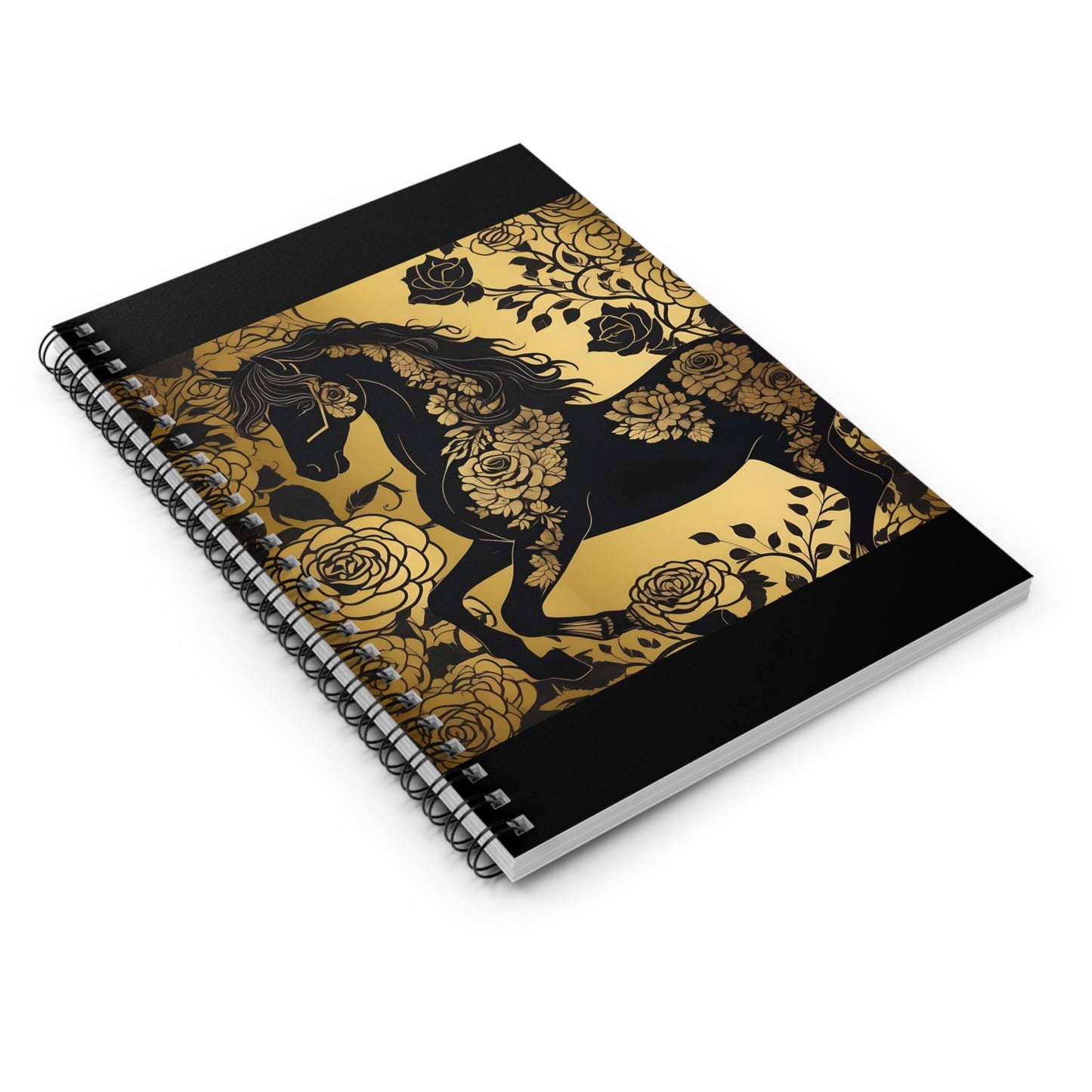 Elegant Vintage Spiral Notebook - Ruled Line with Black Horse & Roses