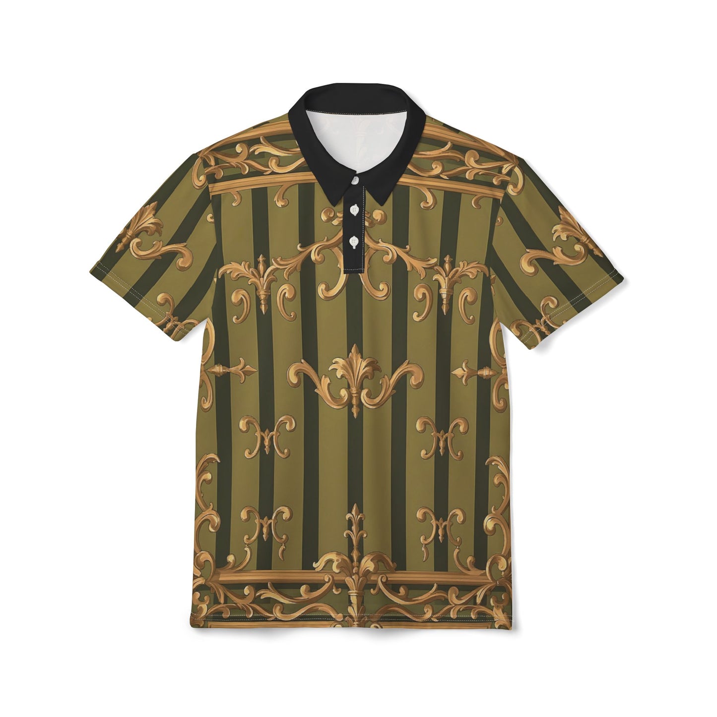 Elegant Baroque Unisex Polo Shirt, Stylish Casual Top, Fashionable Gift, Summer Wardrobe Essential - Olive Green Striped Rococo
