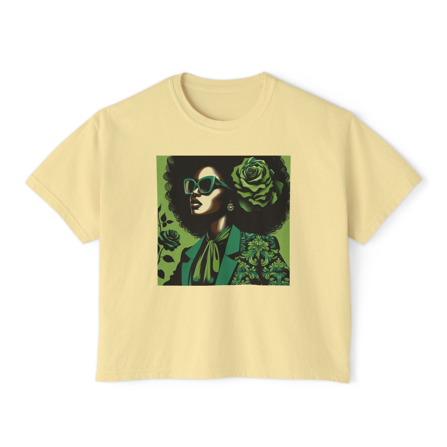 Chic Women's Boxy Tee - Vintage Afro Art, Trendy Casual Look, Gift for Her, Summer Style, Eco-Friendly Fashion - Lady in Green Damask