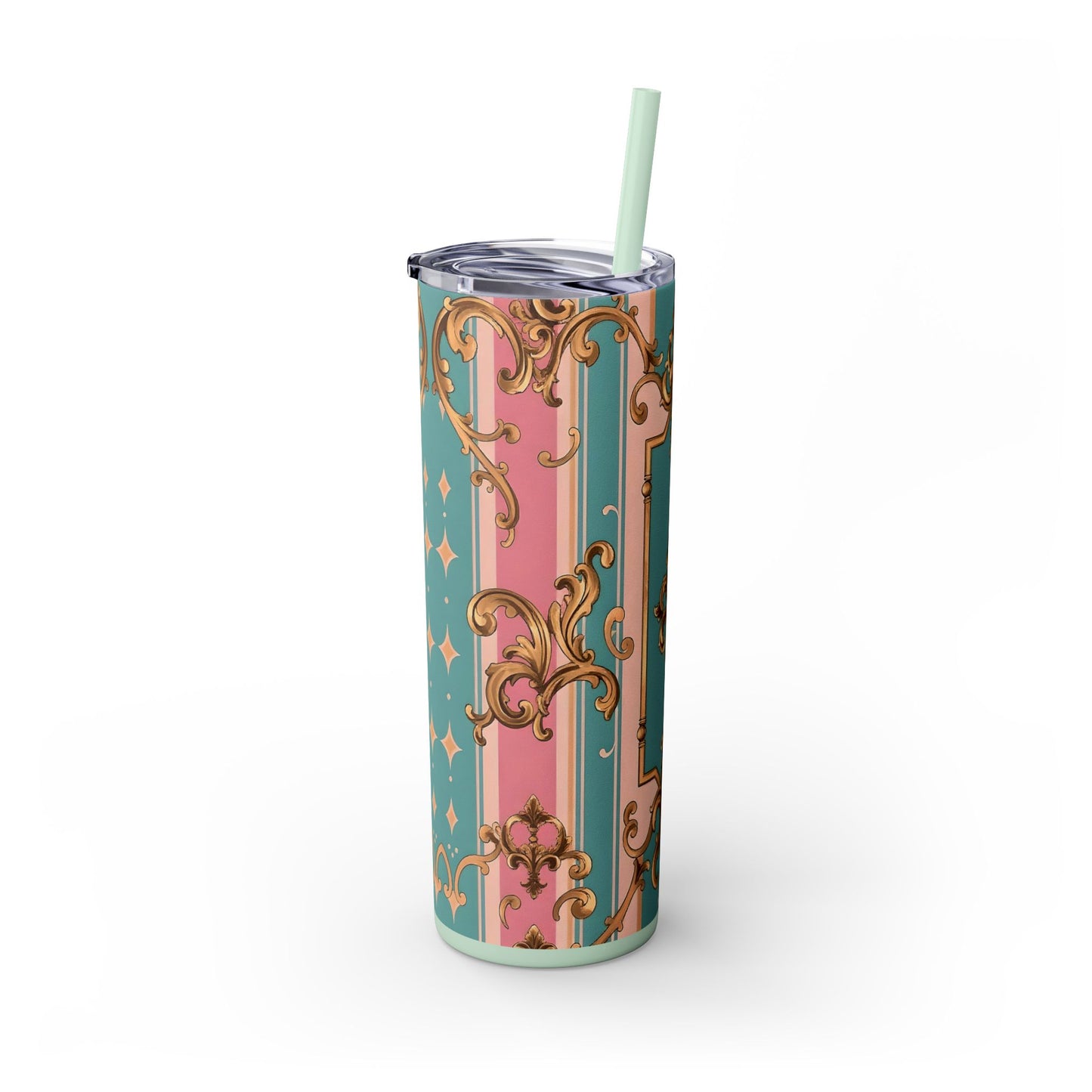 Elegant Floral Skinny Tumbler, 20oz Travel Mug, Stylish Drinkware, Perfect Gift for Her, Vintage Inspired - Pink & Matte Turquoise Striped Rococo