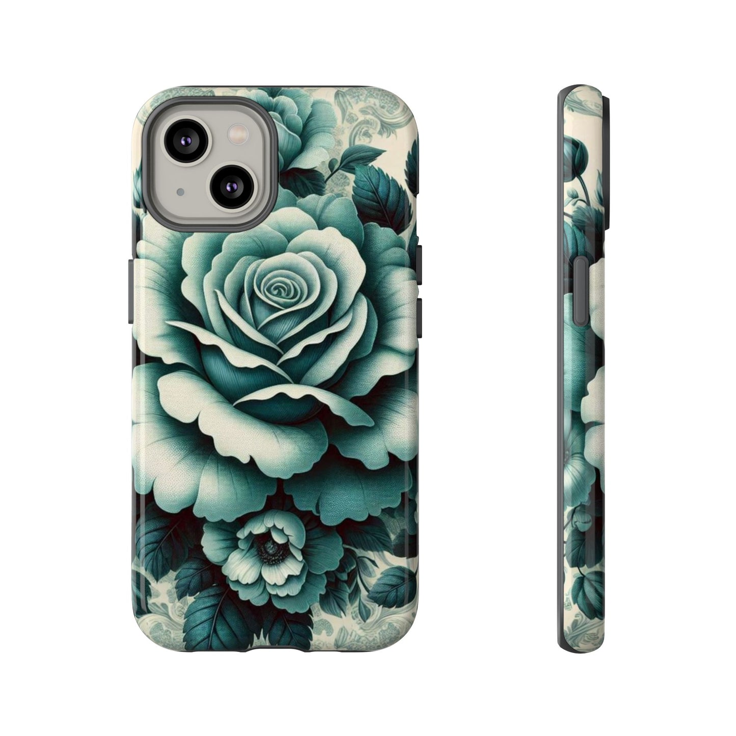 Elegant Floral Motif Phone Case - Tough Cases with Vintage Design - Teal Roses & Damask