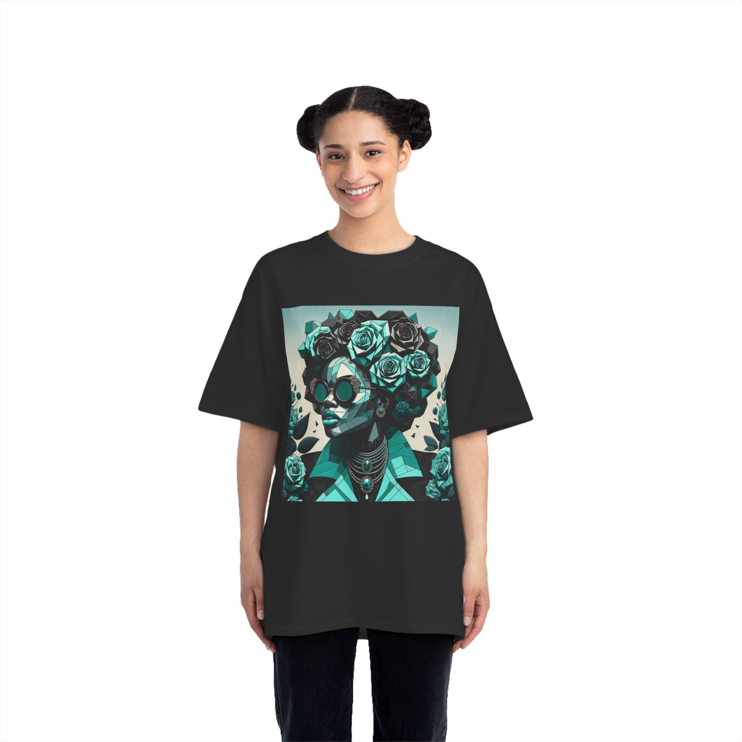 Trendy Floral Graphic Tee | Artistic Short-Sleeve Shirt, Fashionable Summer Top, Chic Gift for Her - Turquoise & Black Roses Lady