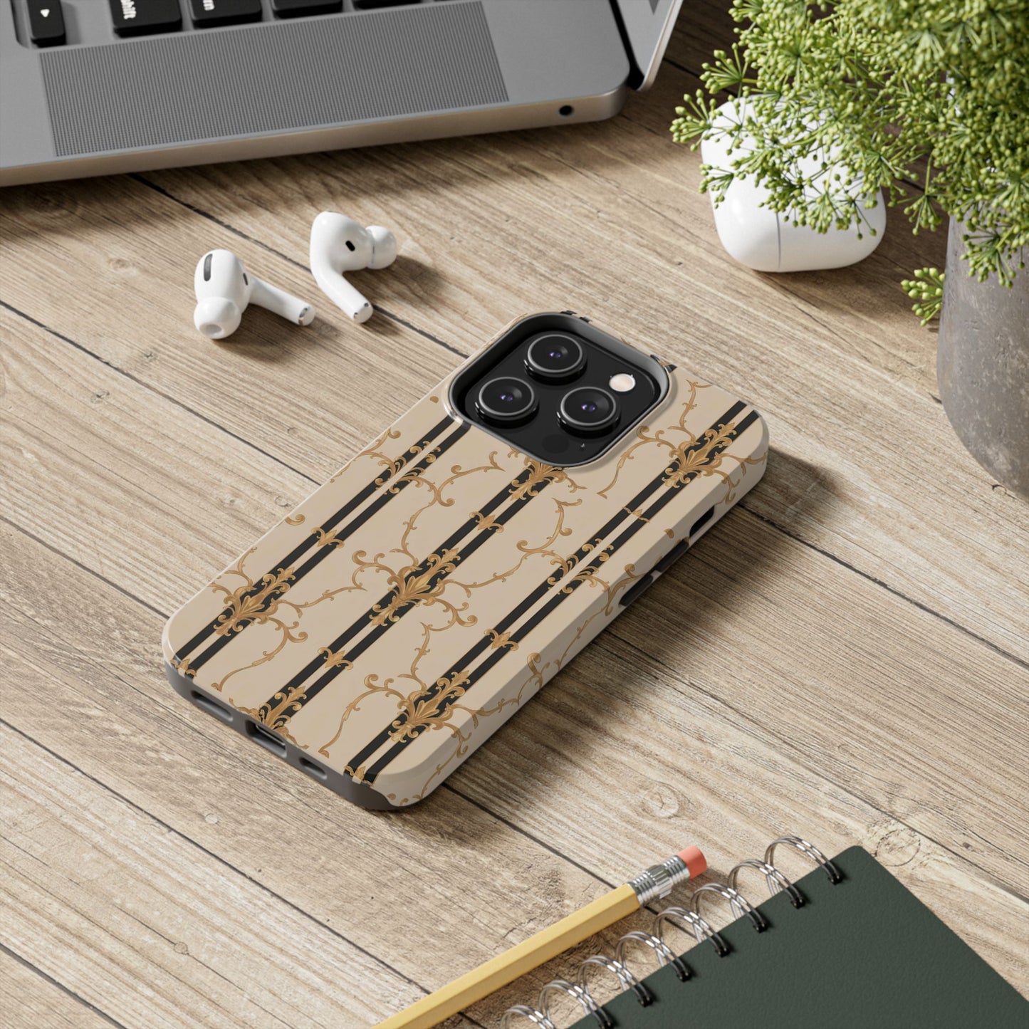 Elegantly Tough Phone Cases | Stylish Phone Covers, Durable Cases, Fashionable Accessories - Black & Beige Striped Damask