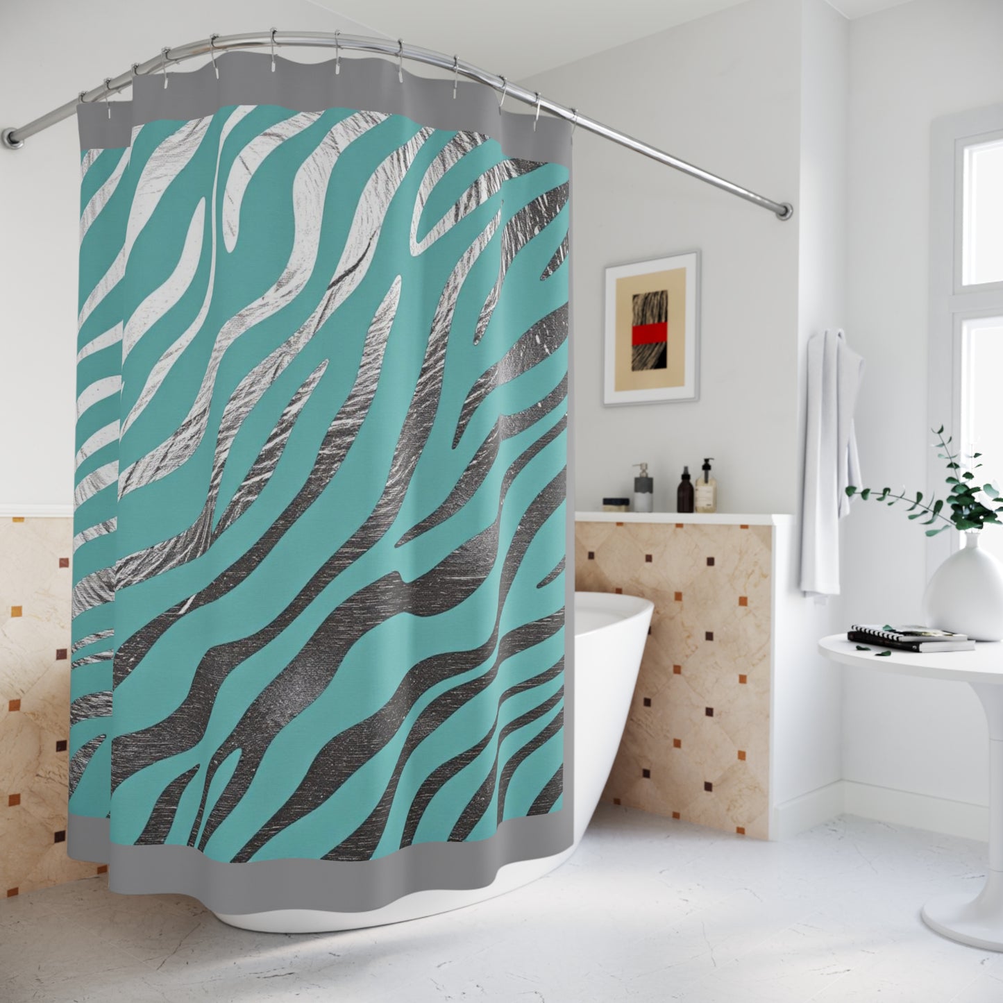 Stylish Aqua Zebra Print Shower Curtain - Modern Bathroom Decor -  Aqua & Silver