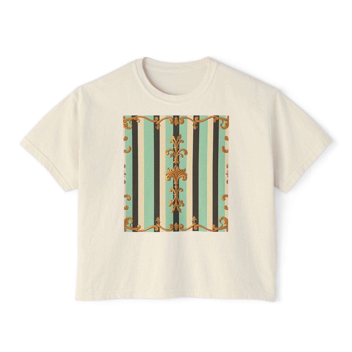 Boho Women's Boxy Tee, Casual Crop Top, Summer Tee, Festival Shirt, Everyday Wear, Vintage Style - Black & Matte Mint Striped Rococo