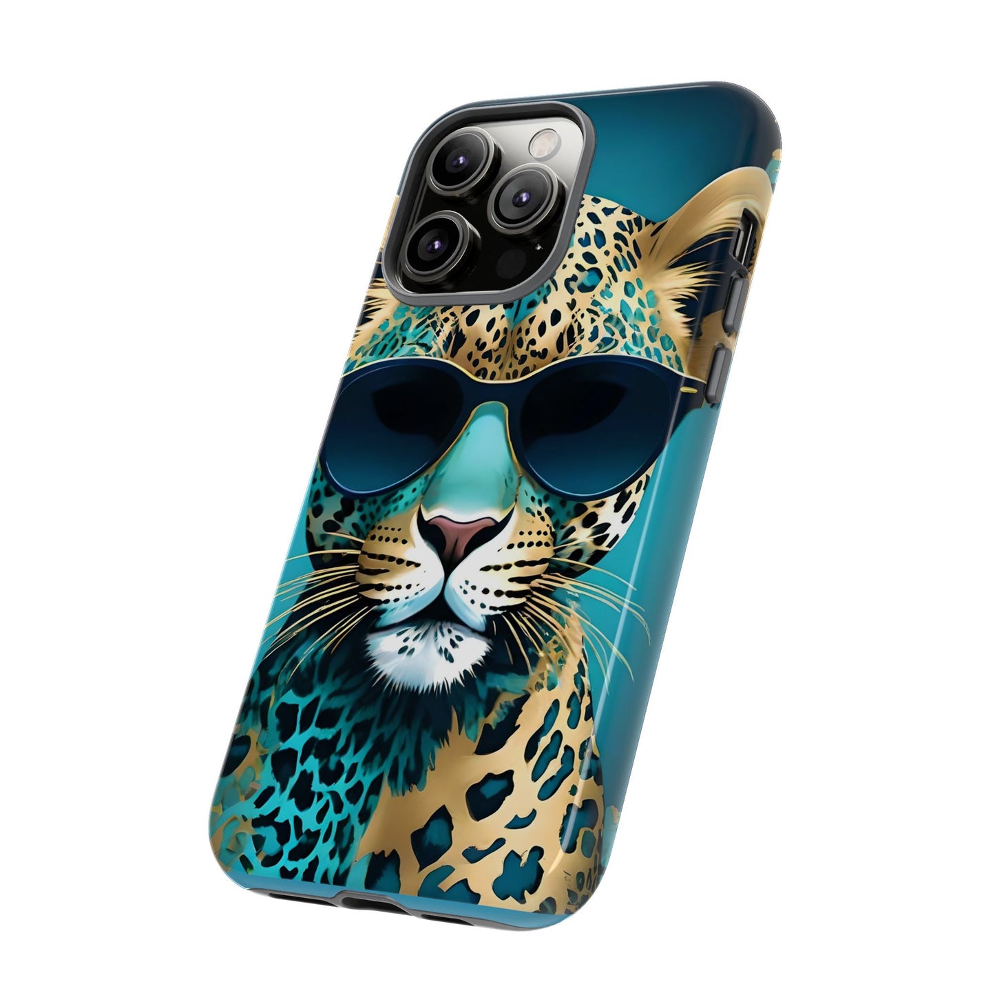 Phone Case - Aqua & Gold Leopard In Sunglasses Design