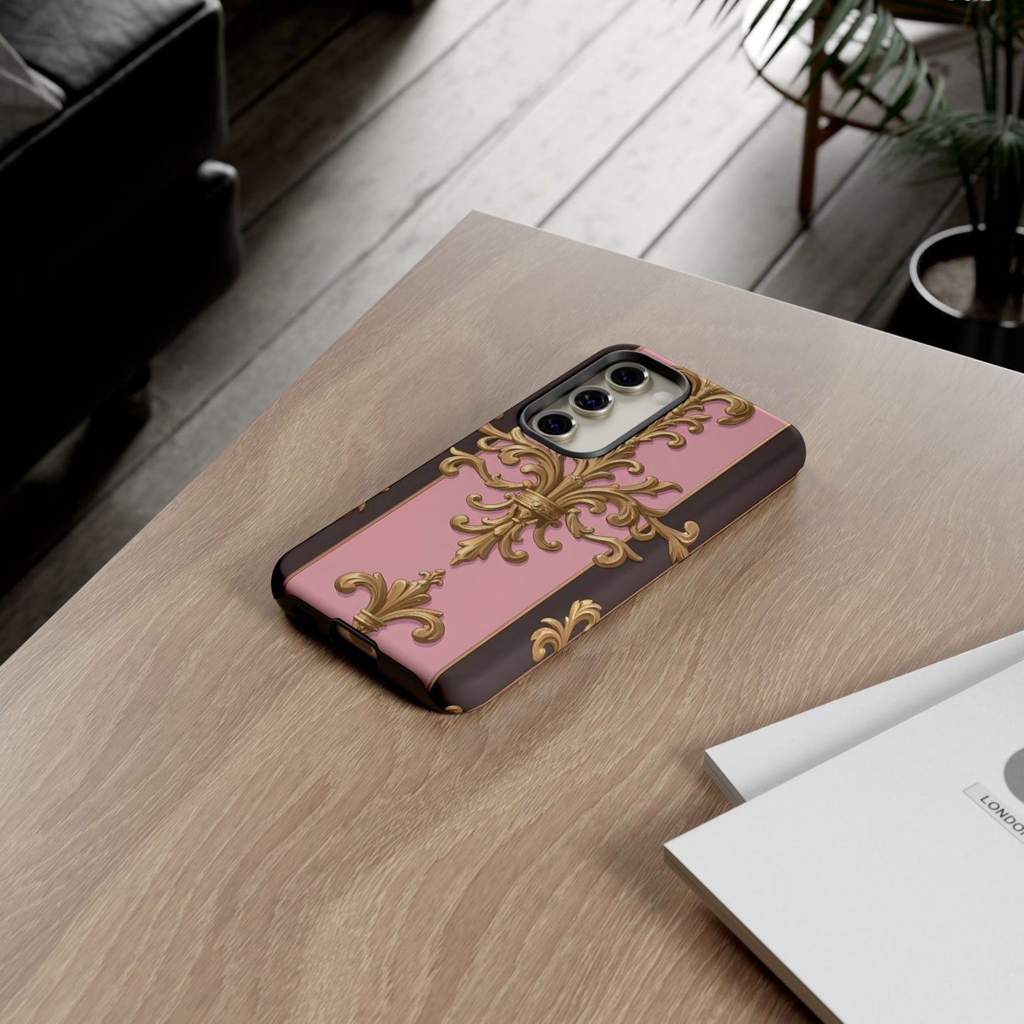 Elegant Floral Motif Phone Case - Tough Cases with Vintage Design - Pink & Brown Striped Gold Damask