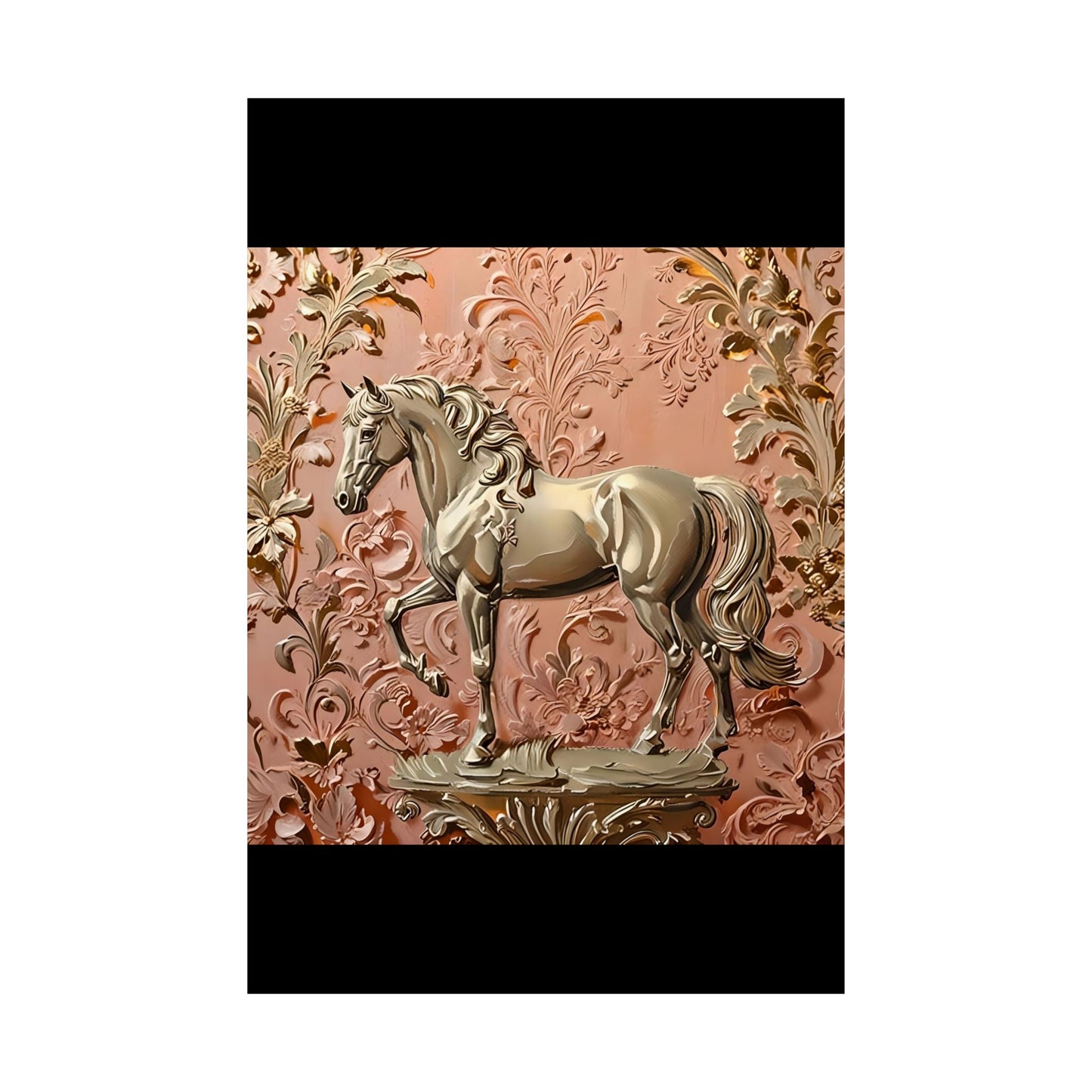 Floral Motif Art Poster - Elegant Matte Vertical Wall Decor - Gold Horse In Peach & Gold Damask