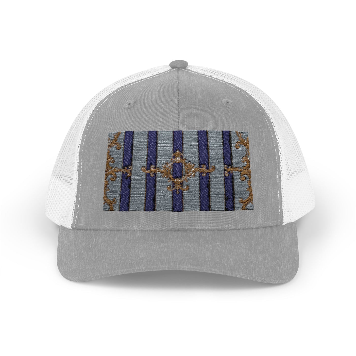 Stylish Snapback Trucker Cap with Vibrant Pattern, Trendy Hat for Outdoor Adventures, Casual Wear - Striped Gold Baroque