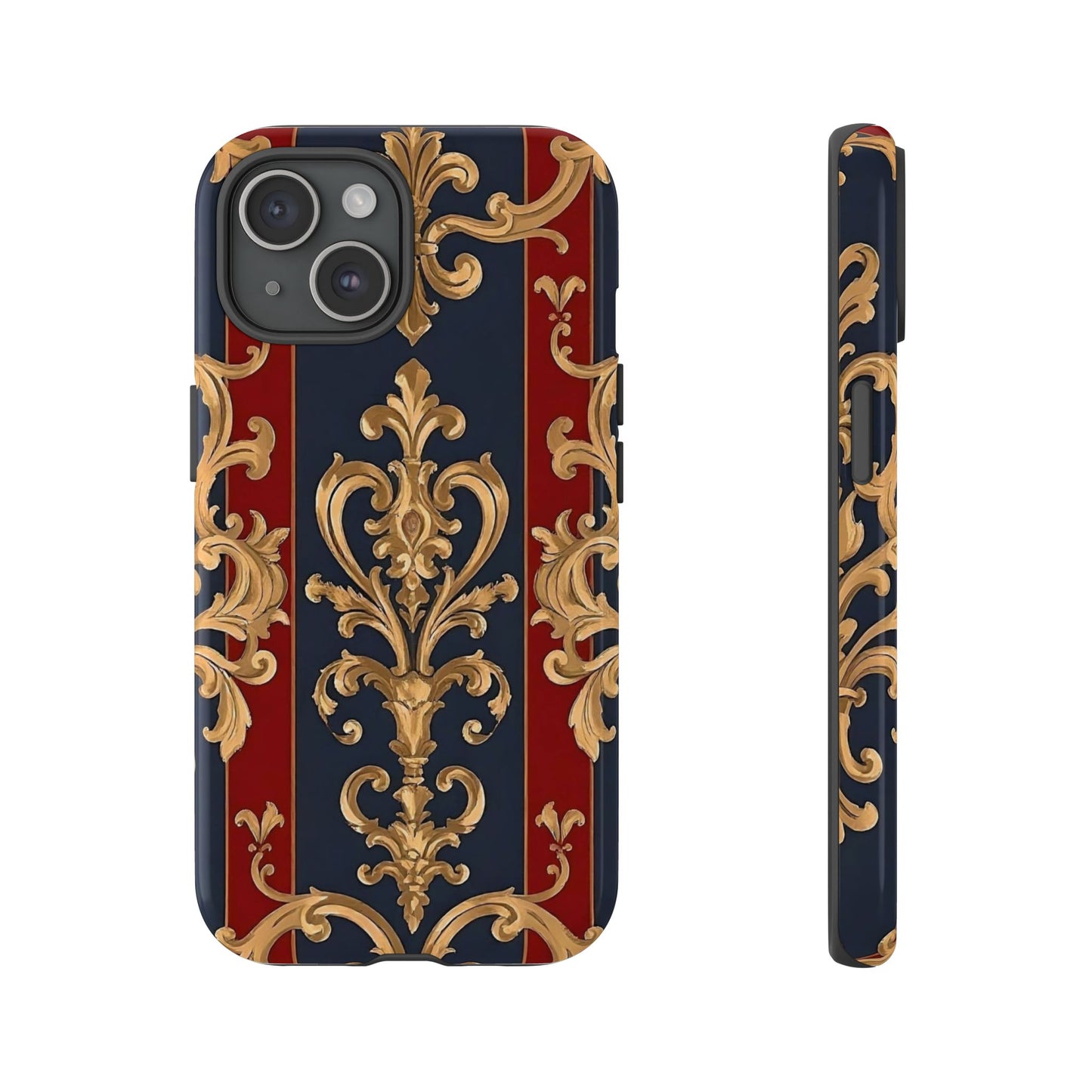 Elegant Floral Motif Phone Case - Tough Cases with Vintage Design - Midnight Blue & Dusk Red Striped Gold Damask