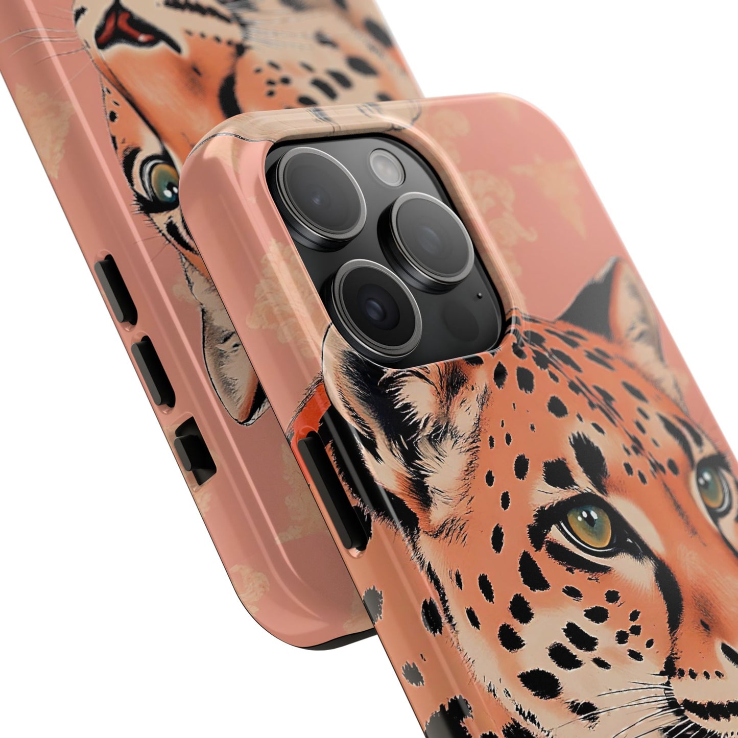Leopard Tough Phone Case - Trendy Floral Motif Design for Animal Lovers - Peach Leopard & Damask