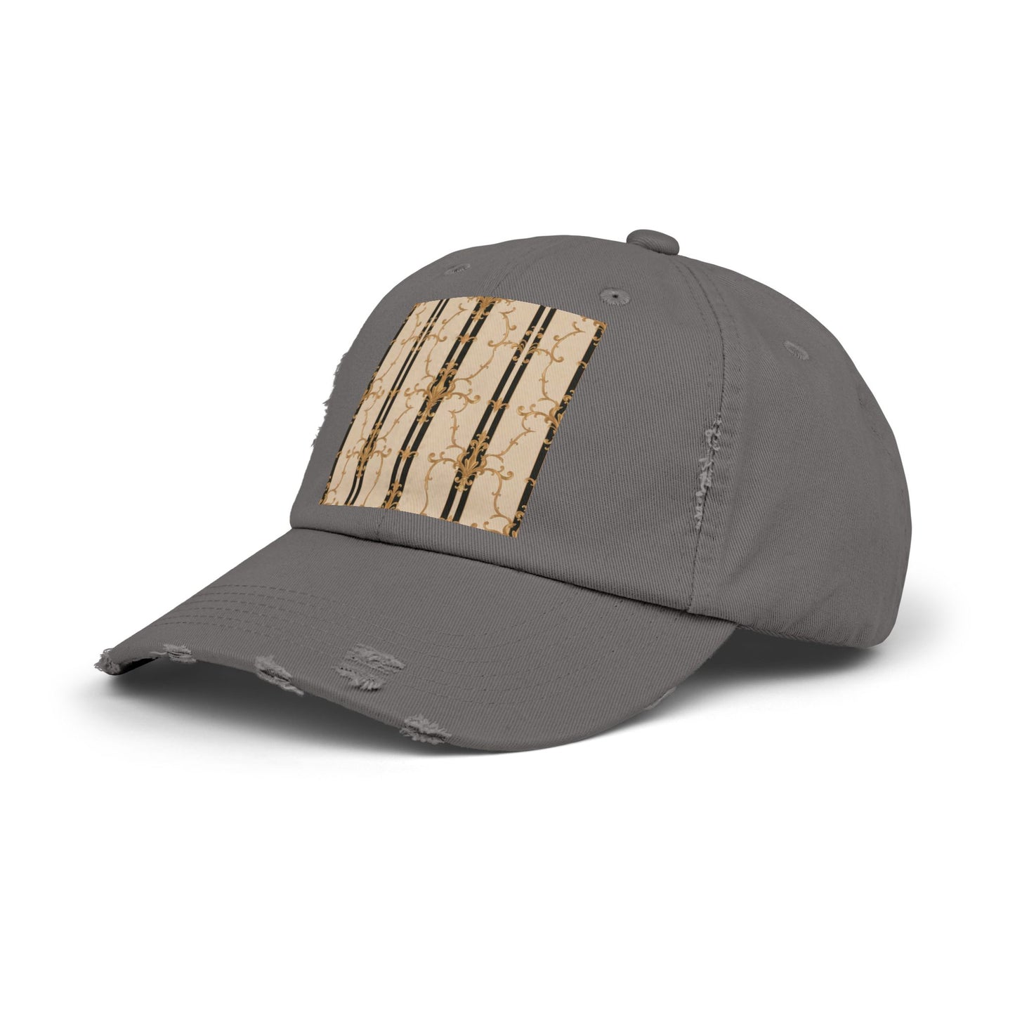 Chic Distressed Cap, Trendy Unisex Hat, Casual Summer Accessory, Perfect Gift for Fashion Lovers - Black & Beige Striped Damask