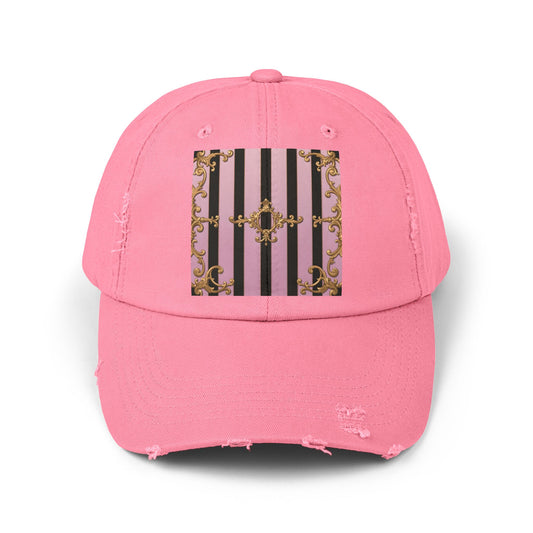 Chic Distressed Cap, Trendy Fashion Accessory, Summer Style Hat, Unique Gift for Her - Matte Lavender & Black Striped Gold Baroque