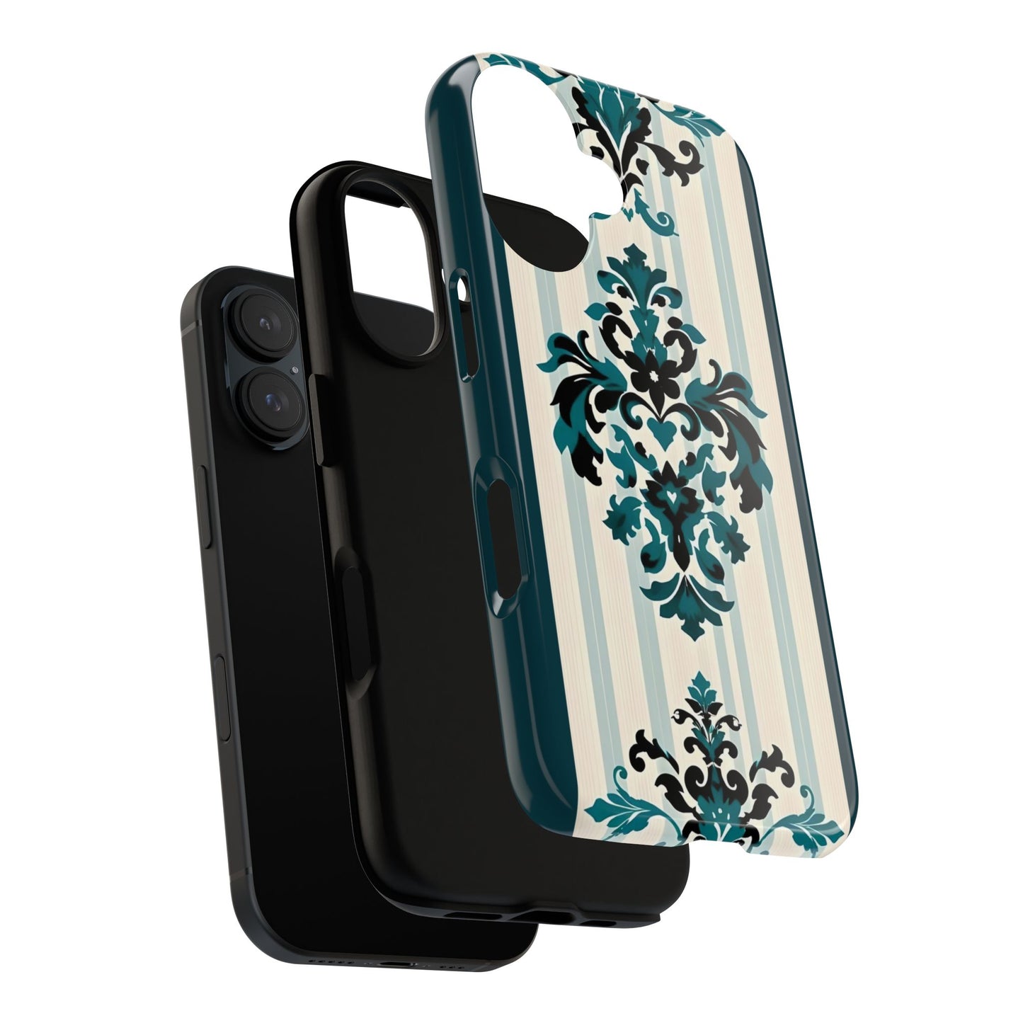 Elegant Floral Phone Case - Tough Cases with Vintage Design - Teal Striped Damask