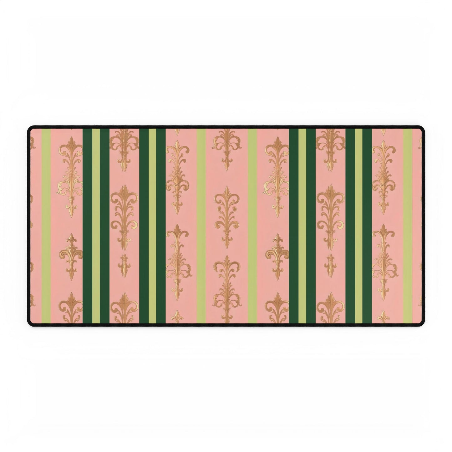 Elegant Floral Motif Desk Mat for Home Office Decor - Lime Green & Pink Striped Damask
