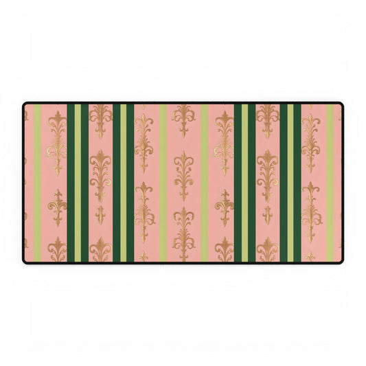 Elegant Floral Motif Desk Mat for Home Office Decor - Lime Green & Pink Striped Damask