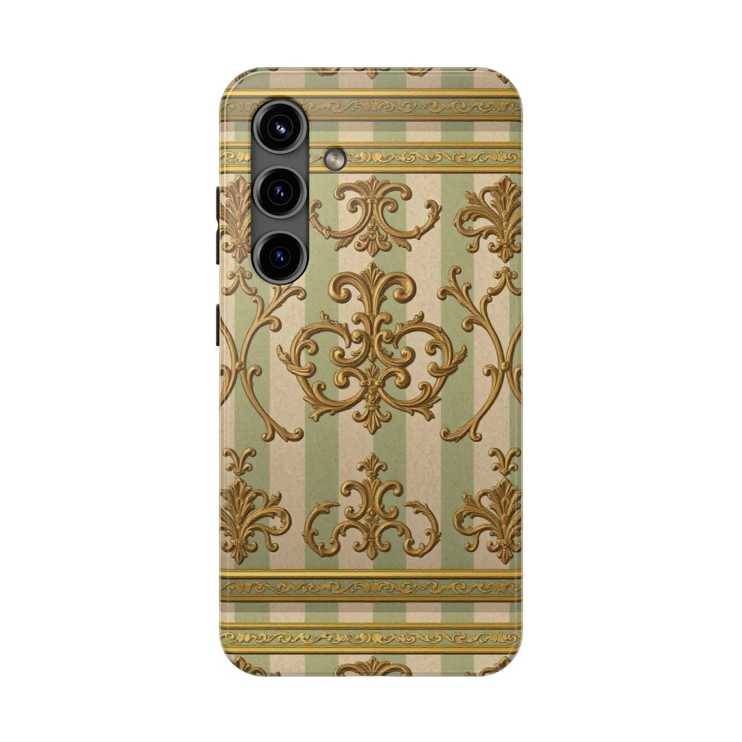 Vintage Elegance Phone Case, Tough Phone Cases for Style, Gift for Birthdays, Stylish Protection - Mint Green & Beige Striped Gold Baroque