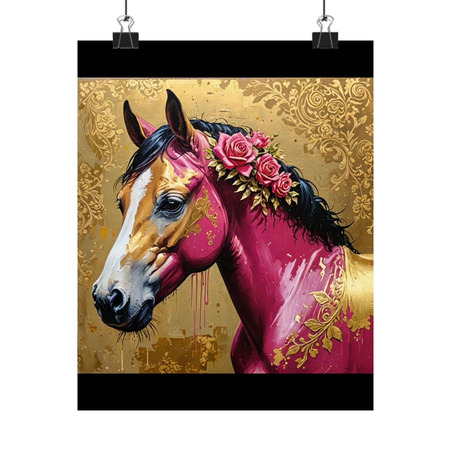 Floral Motif Art Poster - Elegant Matte Vertical Wall Decor - Magenta Horse In Gold Damask With Roses