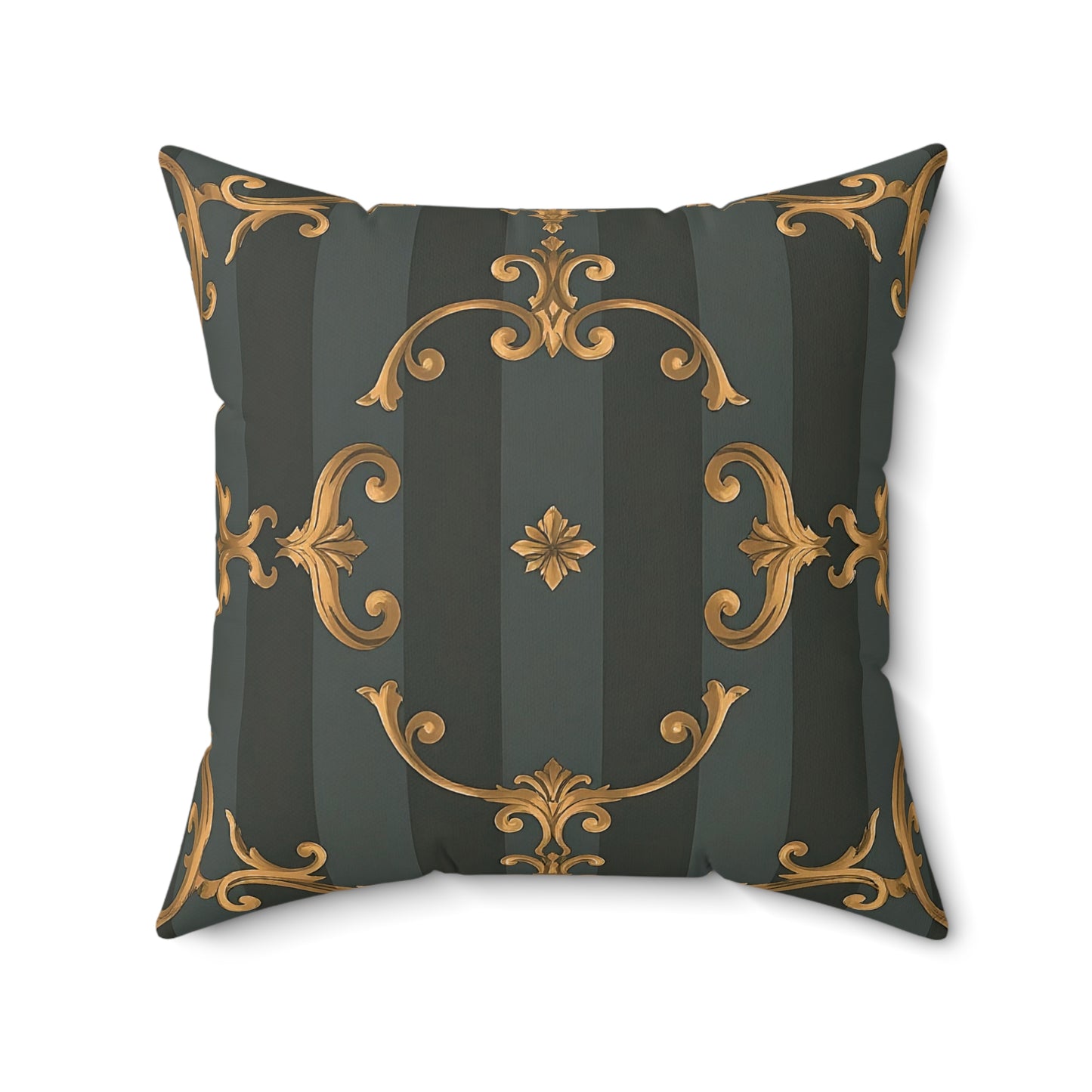 Elegant Faux Suede Square Pillow with Gold Accents - Gray Striped Baroque