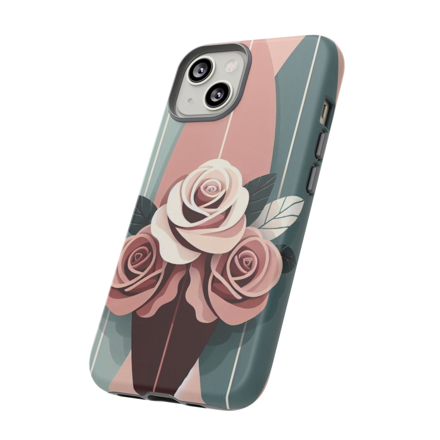 Phone Case - Burgundy, Matte Mauve & Teal Surfboard & Roses Design