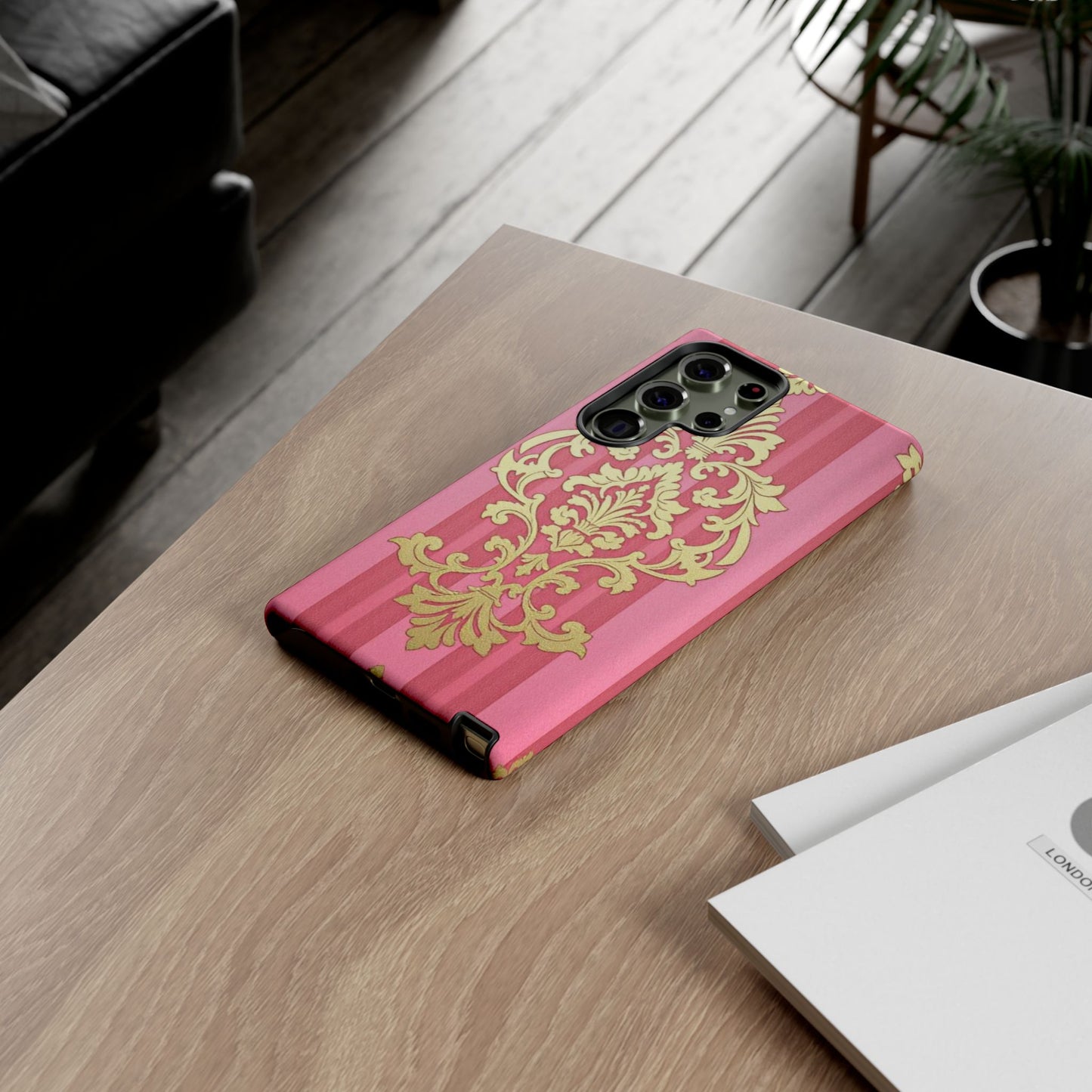 Elegant Floral Motif Phone Case - Tough Cases with Vintage Design - Pink Striped Damask
