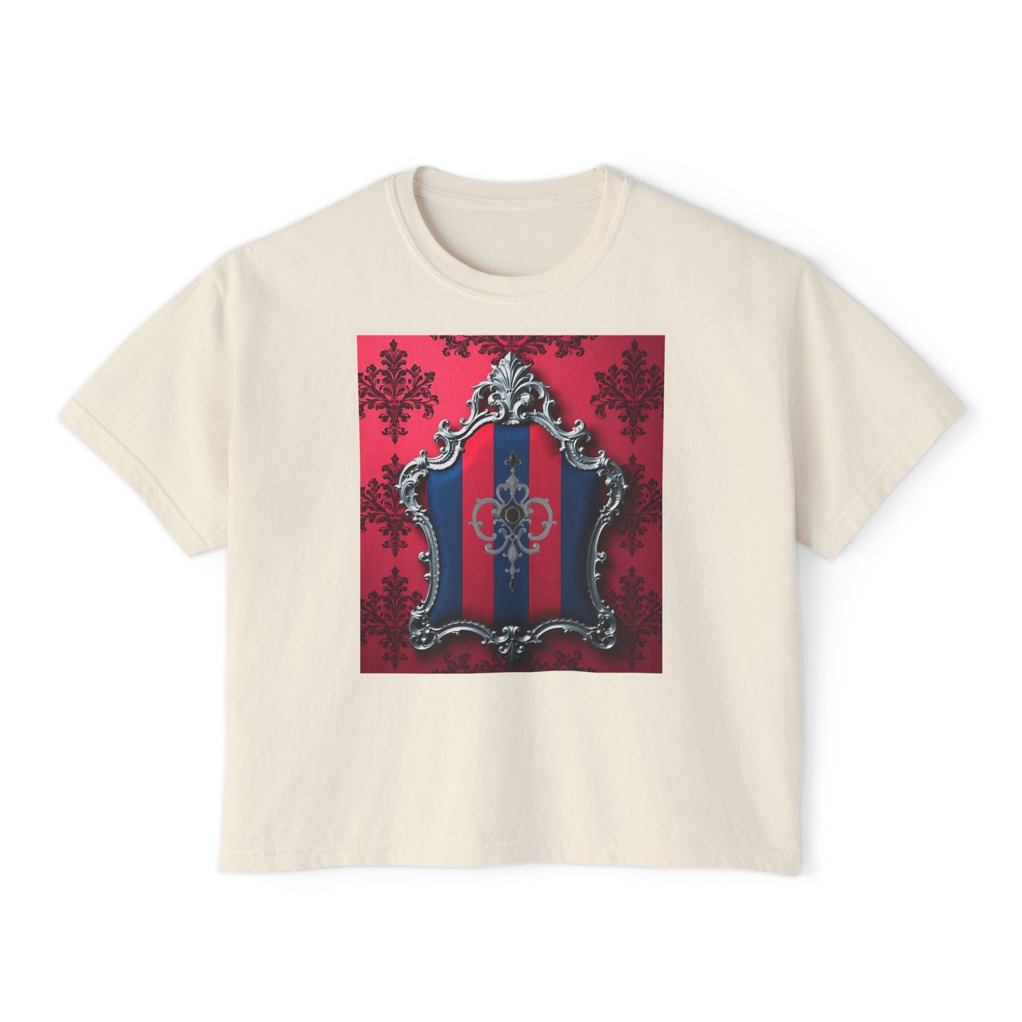 Vintage-Inspired Women's Boxy Tee, Retro Graphic Top, Casual Summer Shirt, Trendy Fashion Tee, Gift for Her - Blue & Red Striped Silver Crest