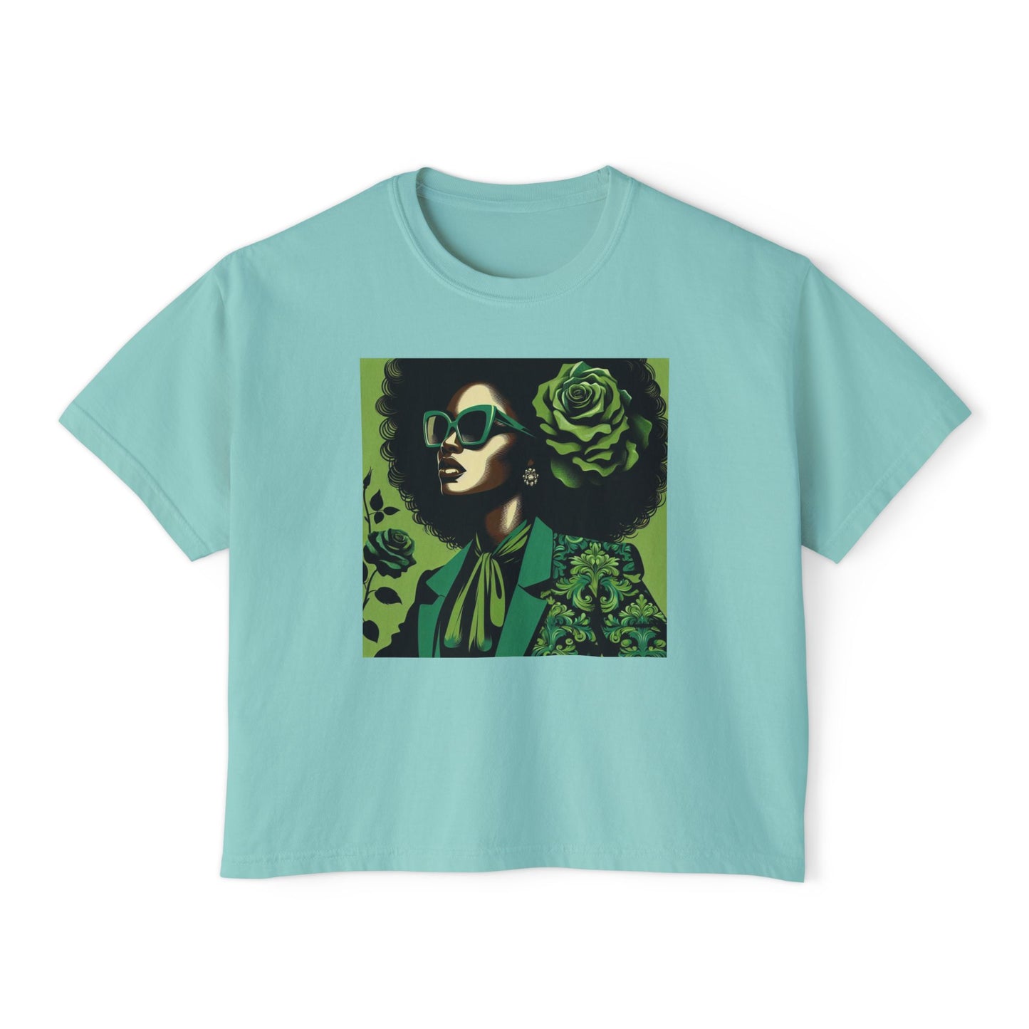 Chic Women's Boxy Tee - Vintage Afro Art, Trendy Casual Look, Gift for Her, Summer Style, Eco-Friendly Fashion - Lady in Green Damask