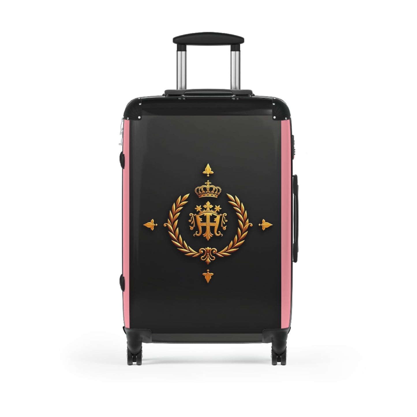 Regal Crown Suitcase, Stylish Travel Luggage, Vacation Essentials, Personalized Carry-On, Unique Gift for Travelers - Pink Striped Gold Crest