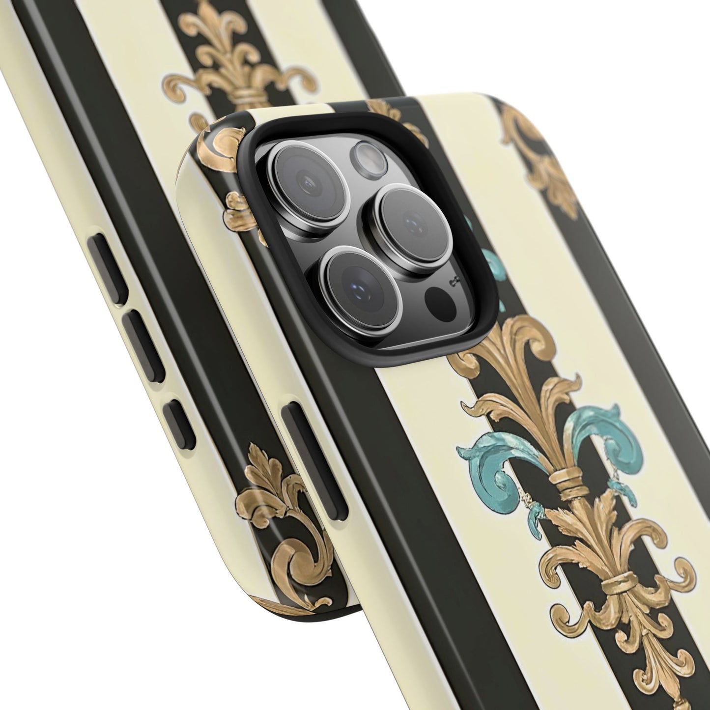 Elegant Vintage Tough Phone Cases, Stylish Phone Accessories, Quality Protection, Gifts for Her - Black Striped Turquoise & Black Rococo