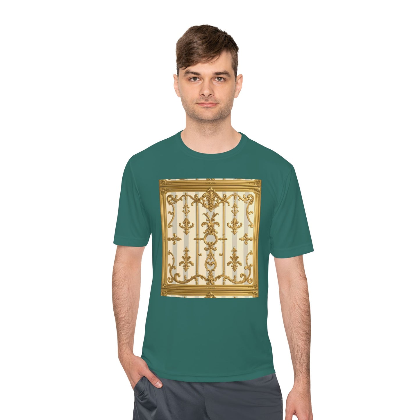 Elegant Gold Unisex Moisture Wicking Tee, Fashion Tee, Workout Shirt, Summer Style - Matte Gray & Cream Striped Gold Baroque