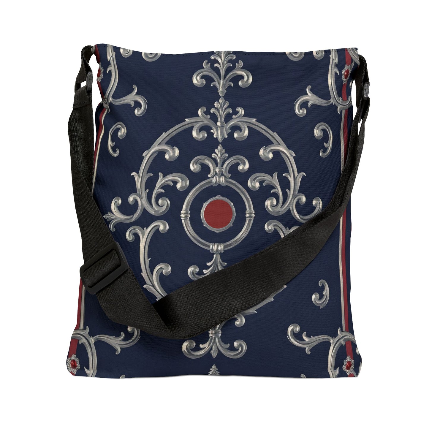 Elegant Adjustable Tote Bag – Stylish Handbag for Everyday Use, Chic Shopping Bag, Perfect for Gifts, Travel or Events - Blue & Red Silver Baroque