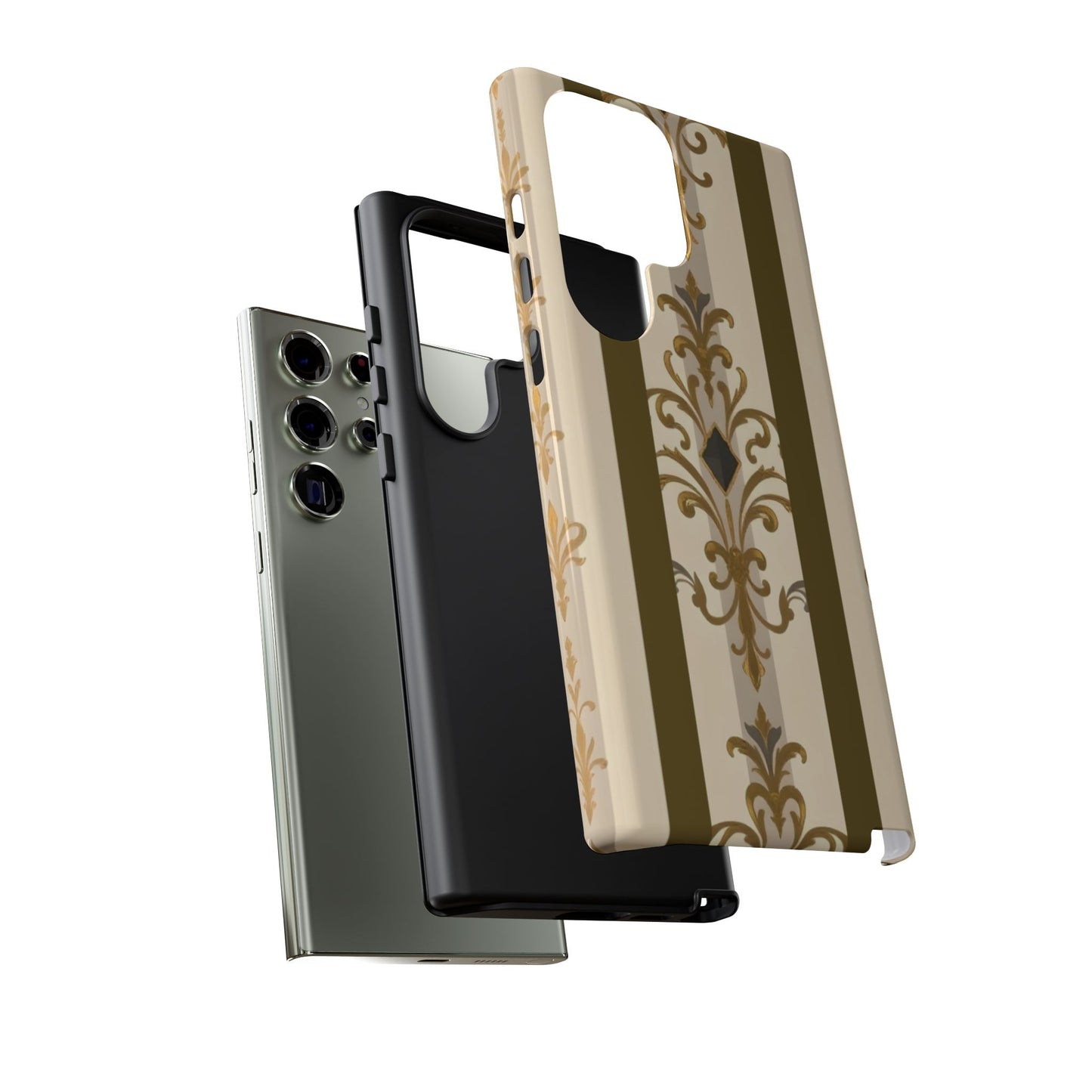Elegant Floral Motif Phone Case - Tough Cases with Vintage Design - Olive Striped Gold Damask