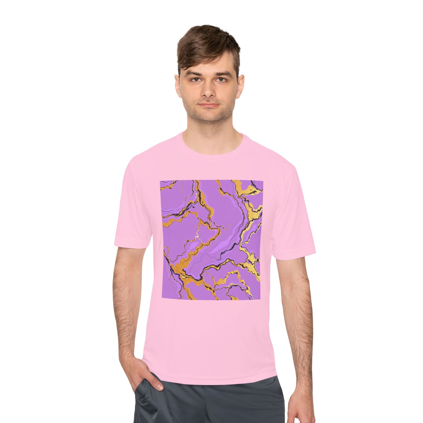 Unisex Moisture-Wicking Tee with Purple and Gold Marble Design - Athletic Shirt, Casual Wear, Fitness Apparel, Summer Style, Gift Idea