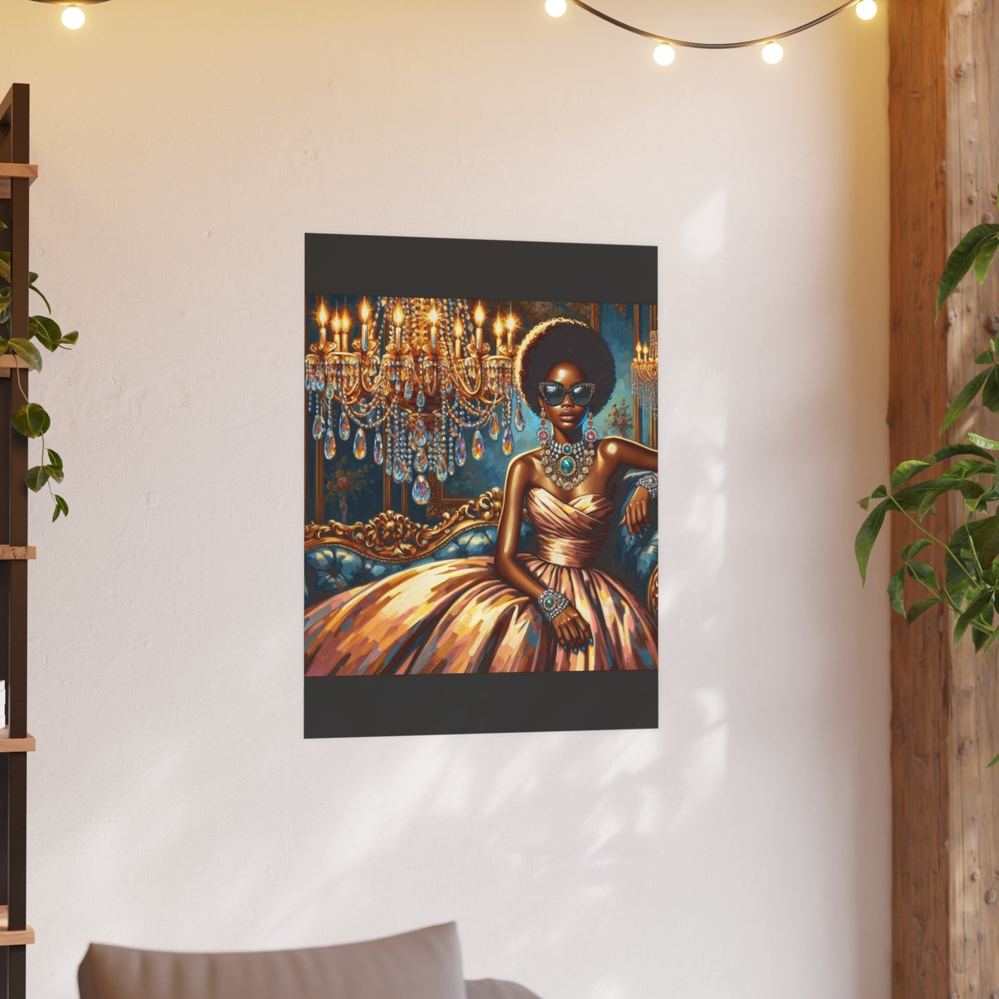 Elegant Glamour Satin Poster, Wall Art Decor, Modern Home Gallery, Gift for Art Lovers, Chic Interior Decoration - Elegant Lady & Chandelier