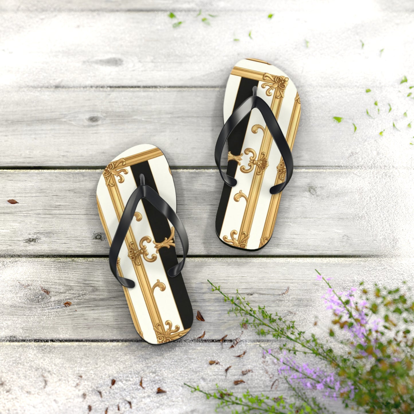 Chic Flip Flops with Elegant Design, Summer Sandals, Perfect Beach Footwear, Vacation Footwear - Black & White Striped Gold Baroque