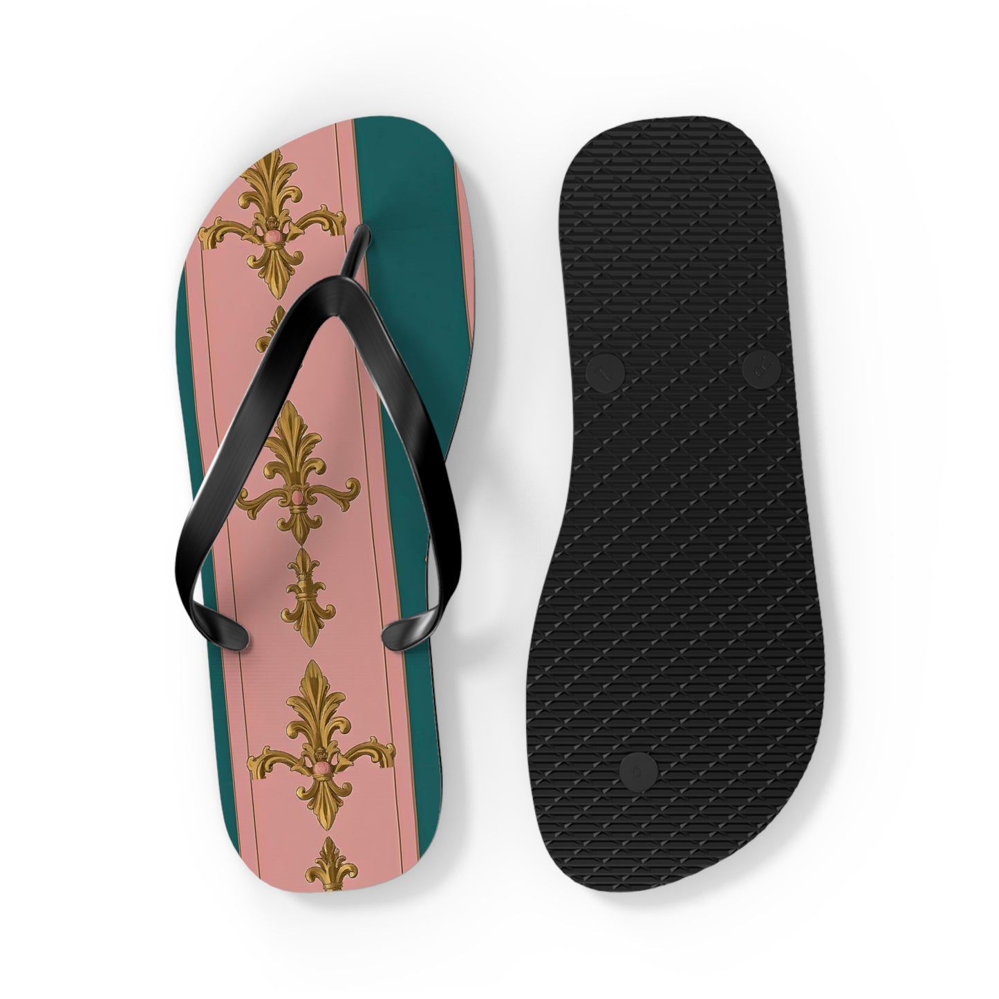 Chic Floral Flip Flops, Summer Sandals, Beach Footwear, Vacation Slides, Stylish Summer Accessories - Pink & Teal Striped Gold Baroque