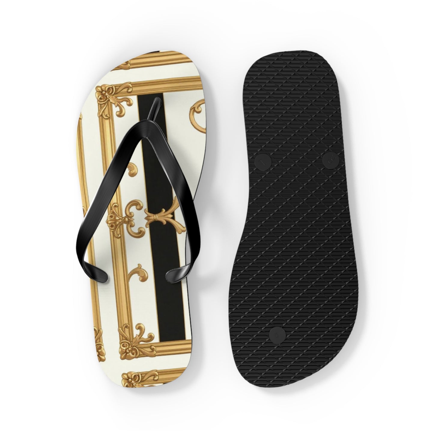 Chic Flip Flops with Elegant Design, Summer Sandals, Perfect Beach Footwear, Vacation Footwear - Black & White Striped Gold Baroque