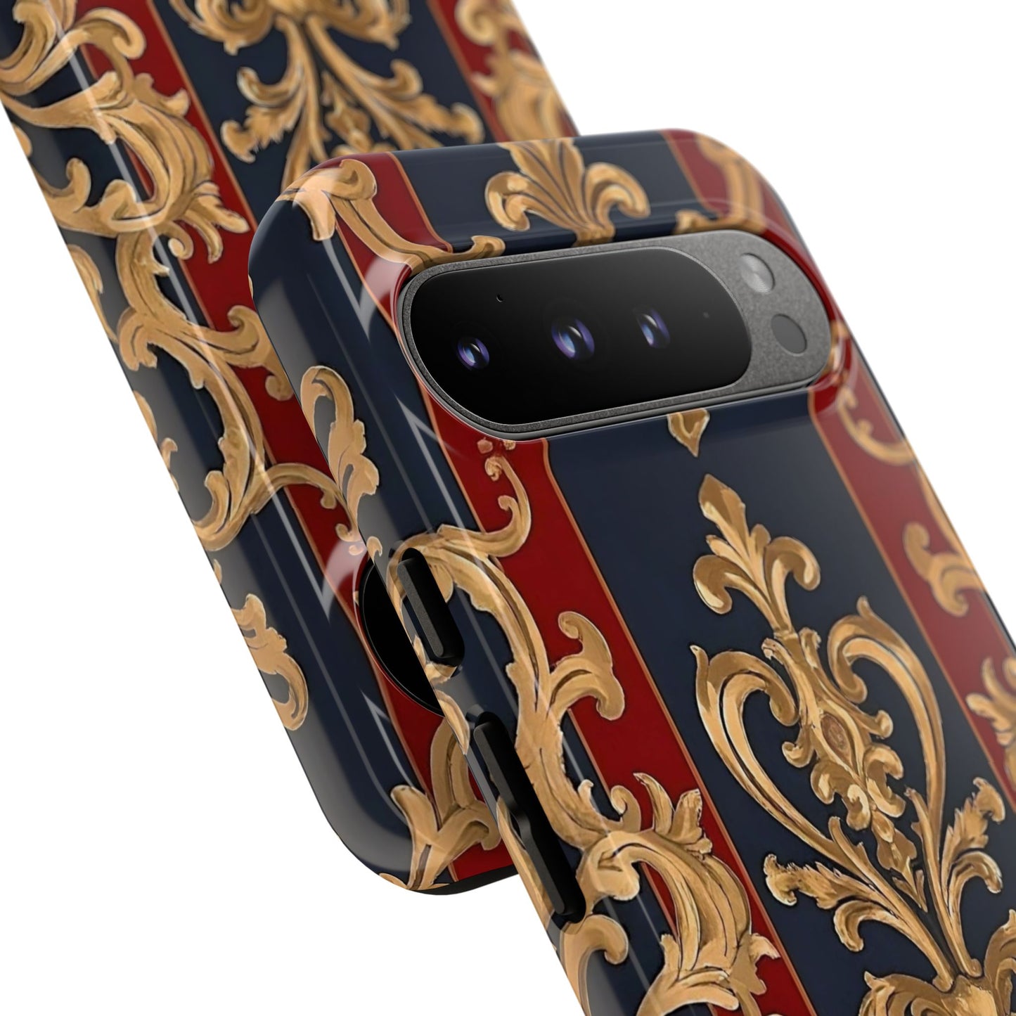 Elegant Floral Motif Phone Case - Tough Cases with Vintage Design - Midnight Blue & Dusk Red Striped Gold Damask