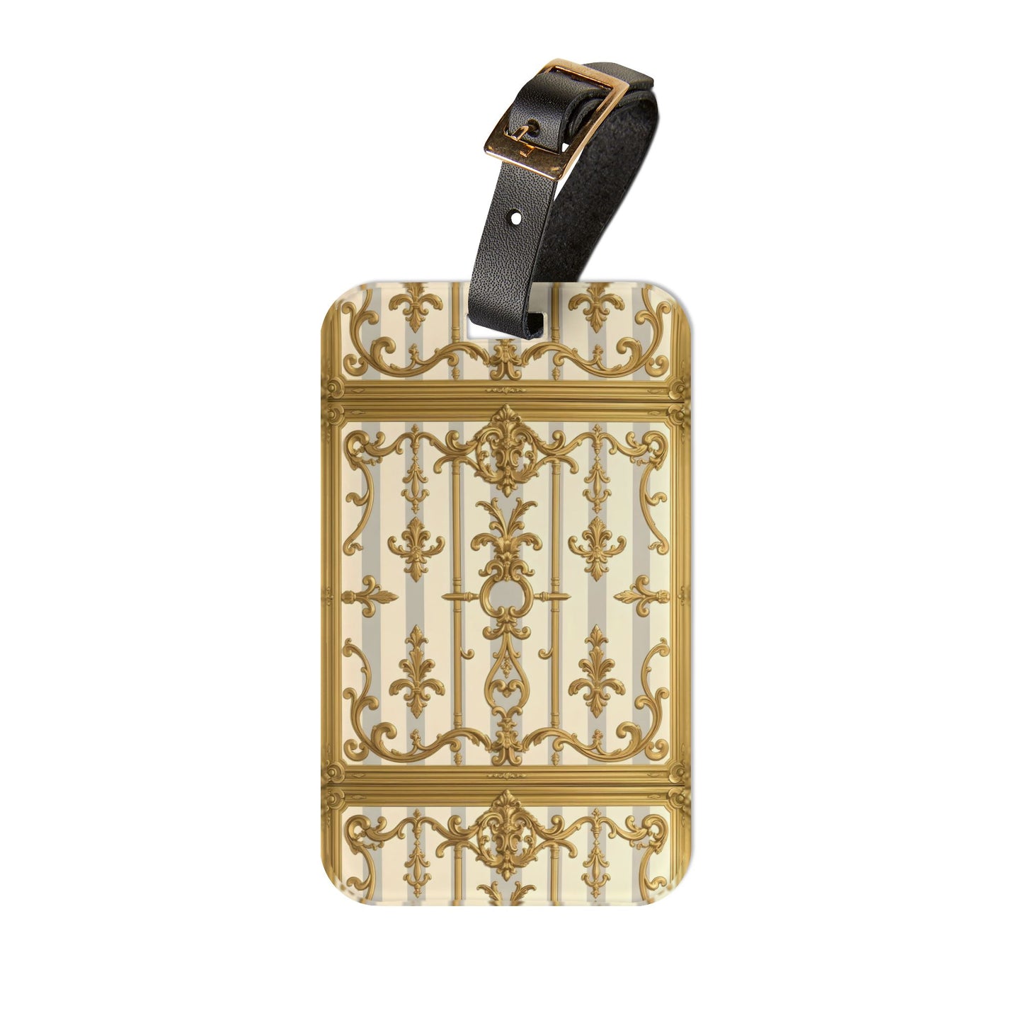 Elegant Vintage Luggage Tag, Travel Accessory, Personalized Baggage Identifier, Stylish Gift for Wanderlust - Matte Gray & Cream Striped Gold Baroque