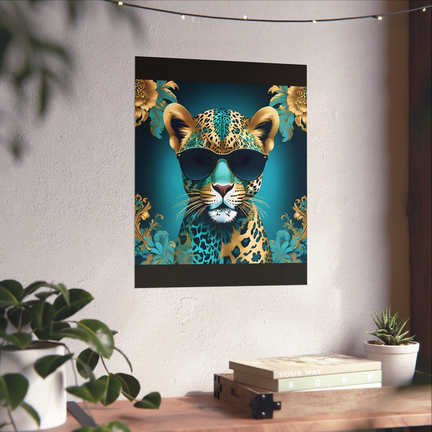 Vertical Wall Poster - Floral Motif Art - Aqua & Gold Leopard in Sunglasses