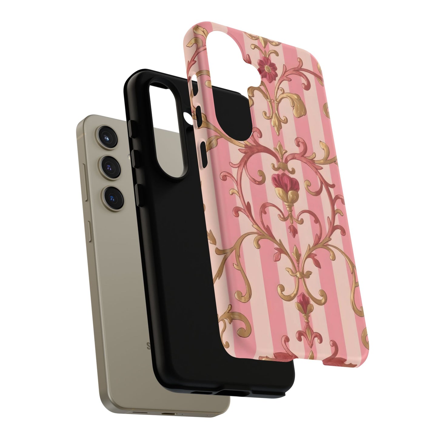 Elegant Floral Motif Phone Case - Tough Cases with Vintage Design - Pink Striped Rose Gold Damask
