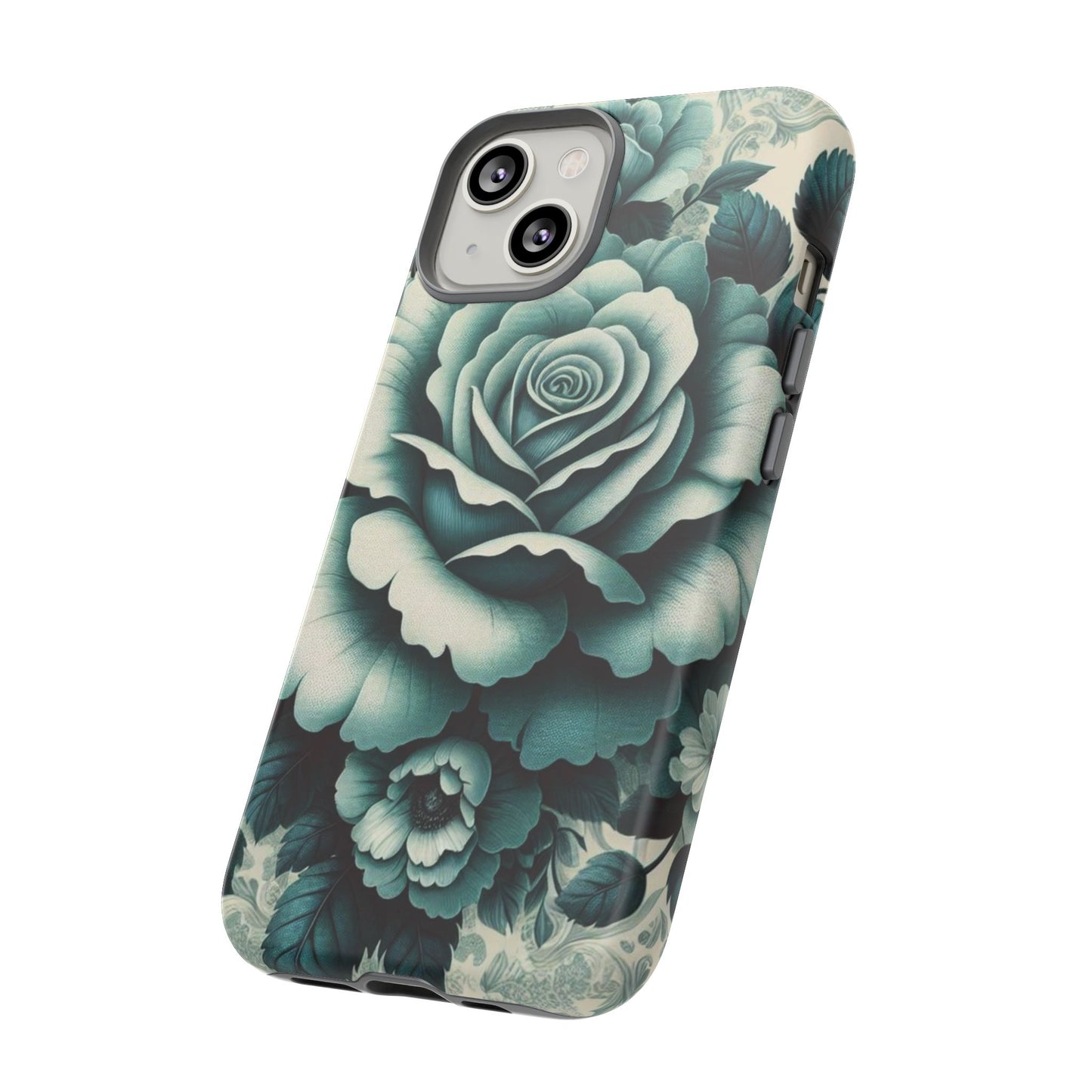 Elegant Floral Motif Phone Case - Tough Cases with Vintage Design - Teal Roses & Damask
