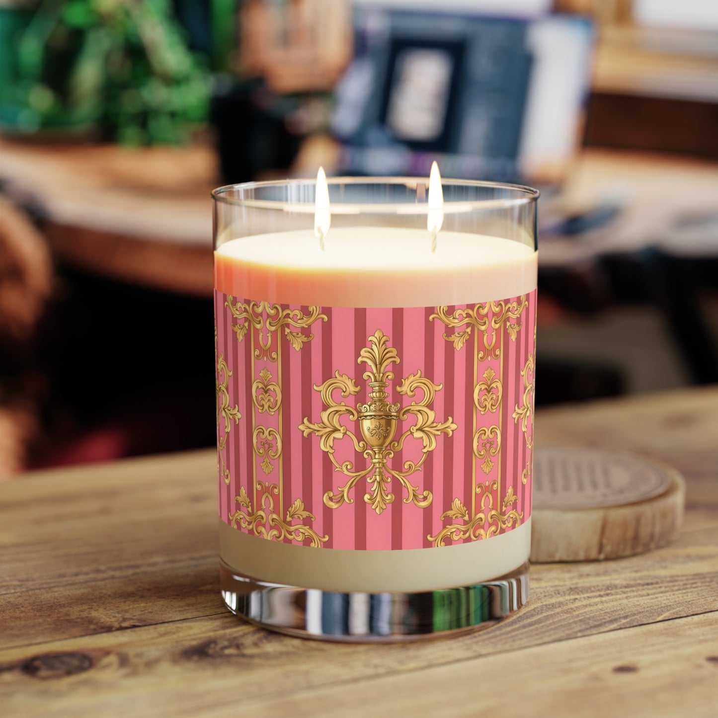 Luxury Floral Scented Candle - Elegant Home Decor, Gift for Her, Romantic Ambiance, Wedding Favors - Pink Striped Gold Baroque