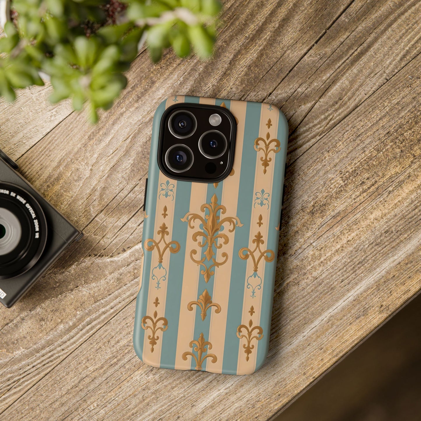 Elegant Floral Motif Phone Case - Tough Cases with Vintage Design -  Beige & Sky Blue Striped Gold Damask