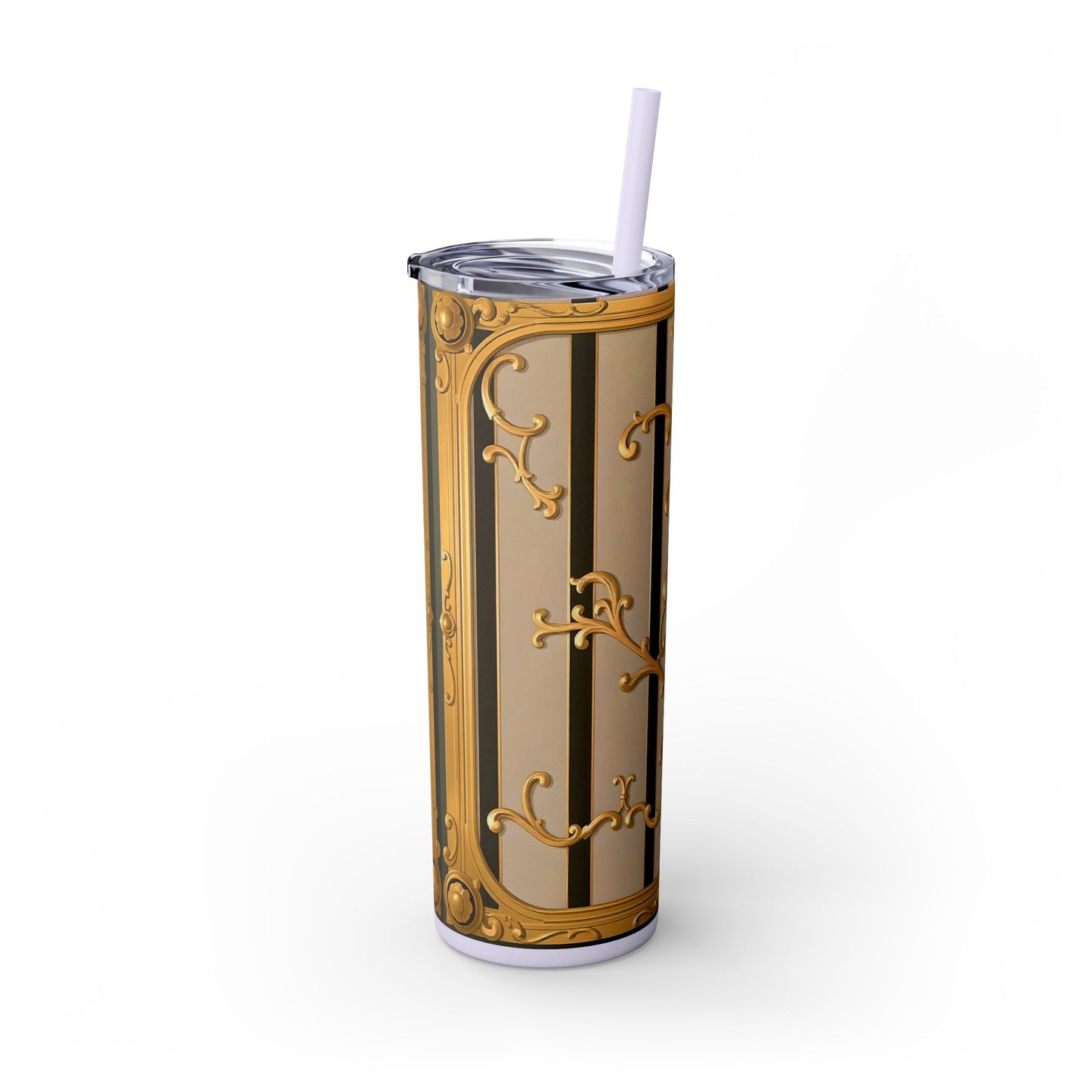 Skinny Tumbler with Straw, 20oz - Beige Striped Gold Rococo