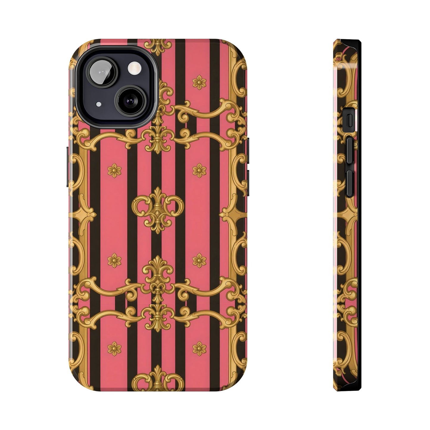 Elegant Baroque Tough Phone Cases, Stylish Protection, Gift for Her, Trendy Accessory - Pink & Black Striped Gold Baroque