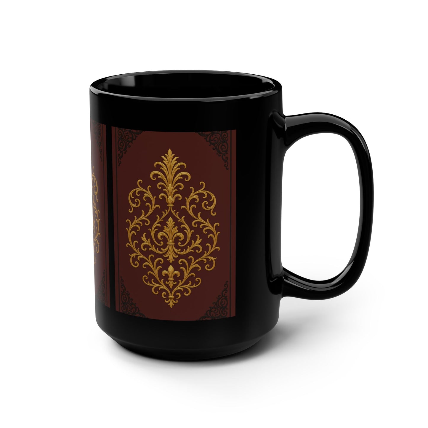 Dusk Burgundy-Black & Gold Baroque Coffee Mug — 15oz Black Ceramic Elegant Vintage Pattern