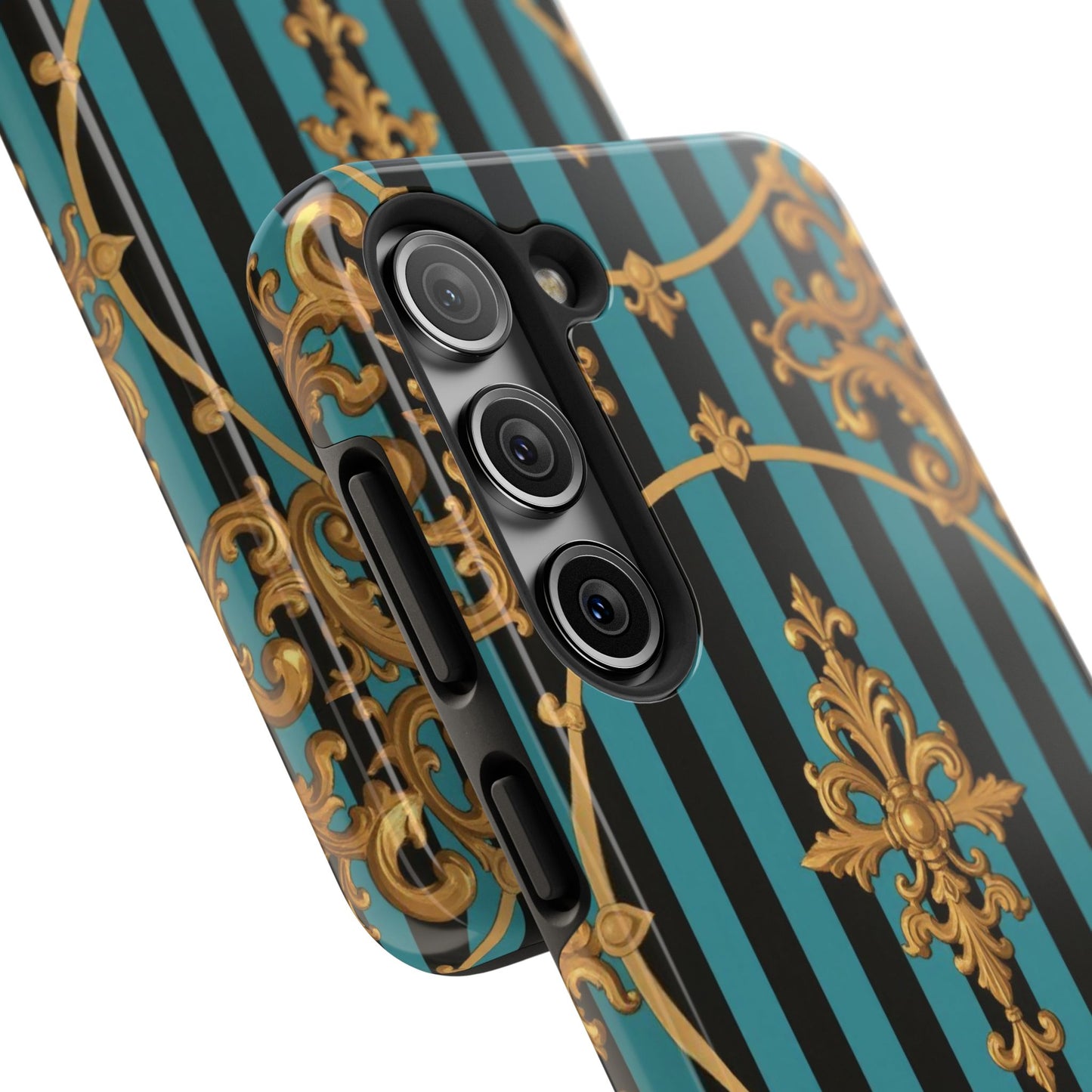Elegant Turquoise & Black Striped Gold Baroque Phone Case, Tough Phone Cases for Fashion Lovers, Gift for Her, Luxury Accessories