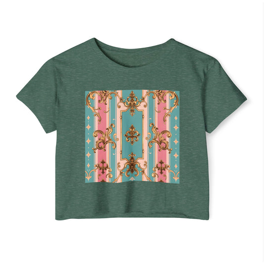 Rococo Festival Crop Top, Summer Crop Tee, Music Festival Clothing, Trendy Women's Fashion - Pink & Matte Turquoise Striped Rococo
