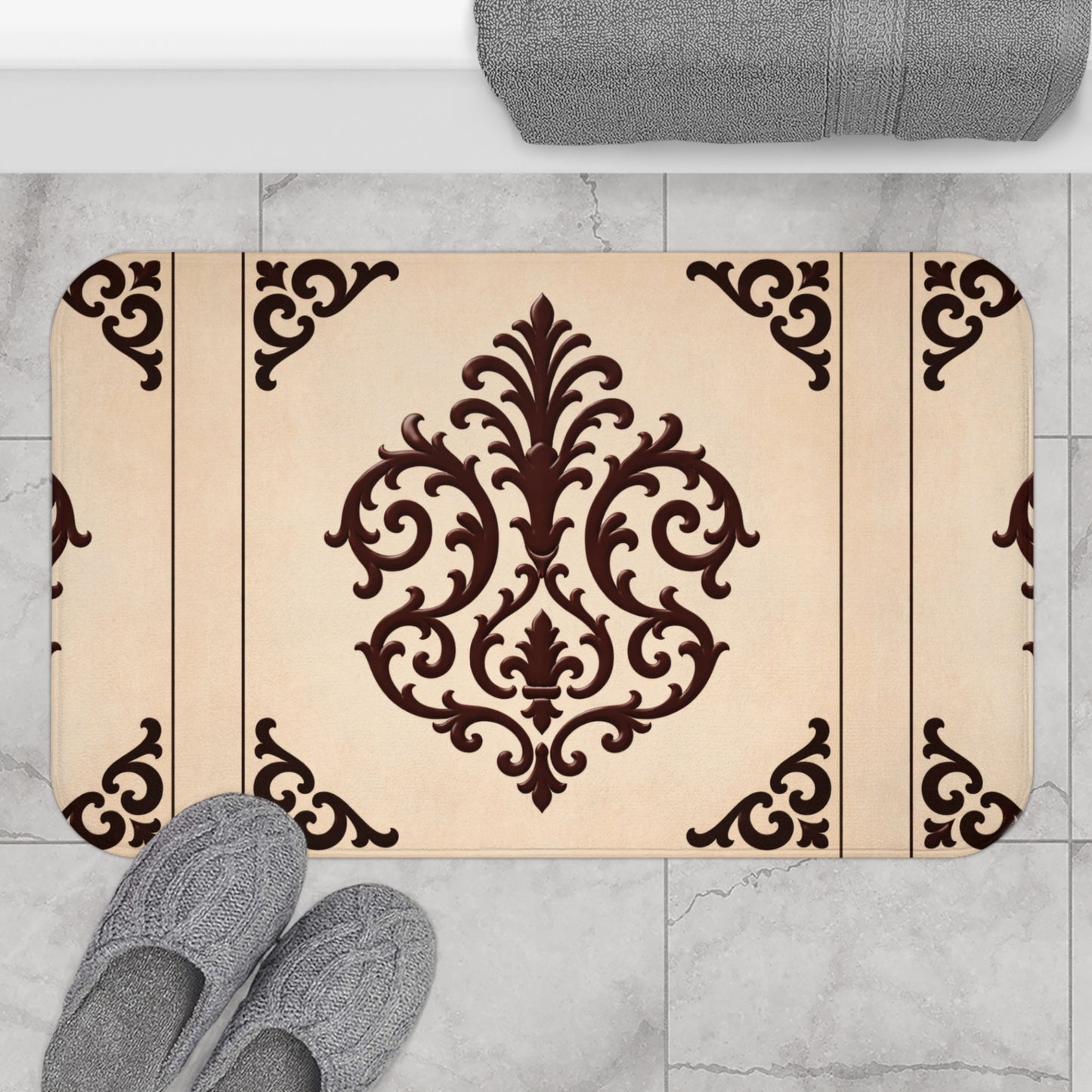 Almond-Beige & Brown Baroque Bath Mat – Beige & Brown Decorative Bathroom Rug